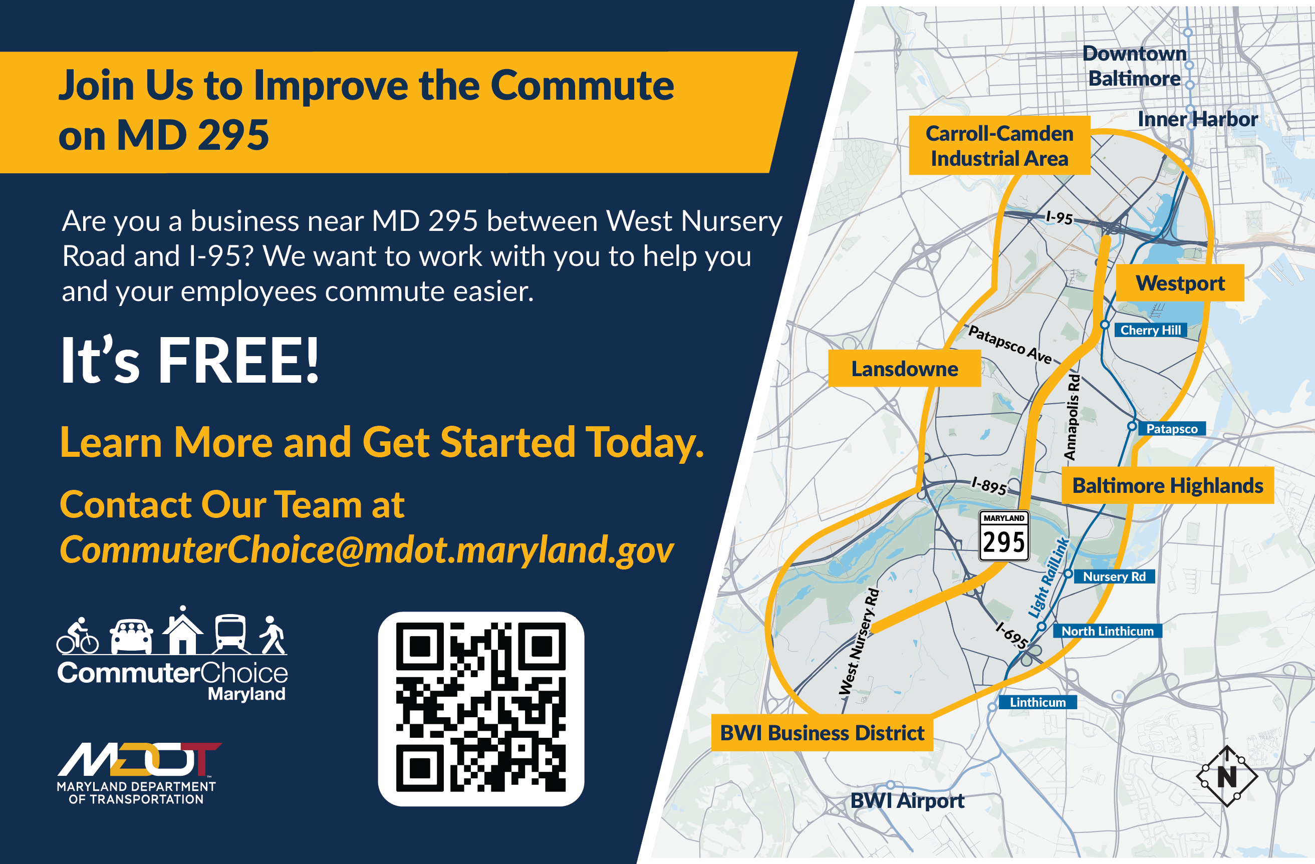Image of a postcard with a map insert asking employers in the MD 295 corridor in the area between West Nursery Road and I-95 to join us in this pilot corridor study. It is free, learn more on this web page or by emailing us at commuterchoice@mdot.maryland.gov