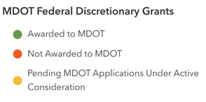 The legend for the interactive map showing grants that have been awarded to MDOT, are still pending consideration for award, or have been denied grant consideration by color