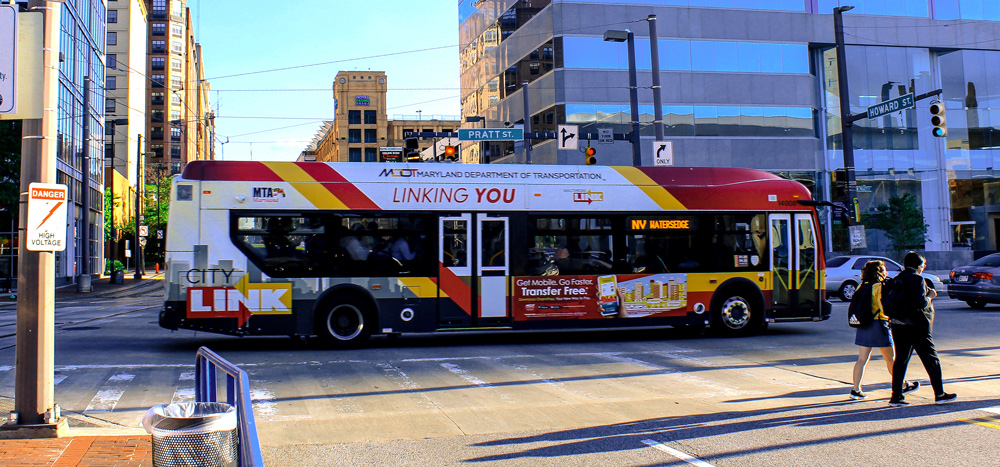 MTA CityLink Navy bus on Pratt Street in Baltimore, MD
